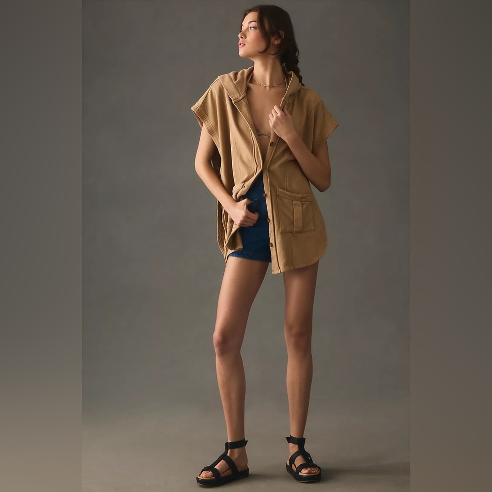 Pilcro Anthropologie Side-Tie Short-Sleeve Button Poncho xs coverup beach Spring